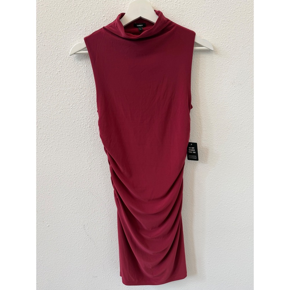 Express‎ Womens Burgundy Mock Neck Ruched Bodycon Sleeveless Dress S NEW